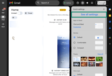 The chat interface is open, the basic Settings menu is selected, and the See all settings option is highlighted.