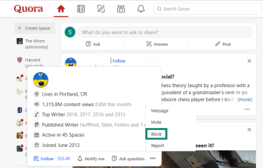 The full Quora user profile menu is open, and the block option is highlighted.