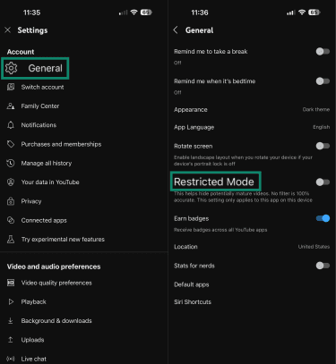 How to enable Restricted Mode on YouTube's iOS app.