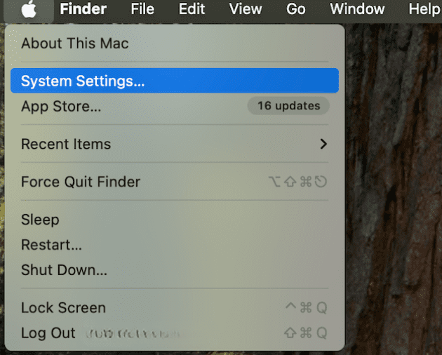 Mac Apple menu with System Settings button highlighted.