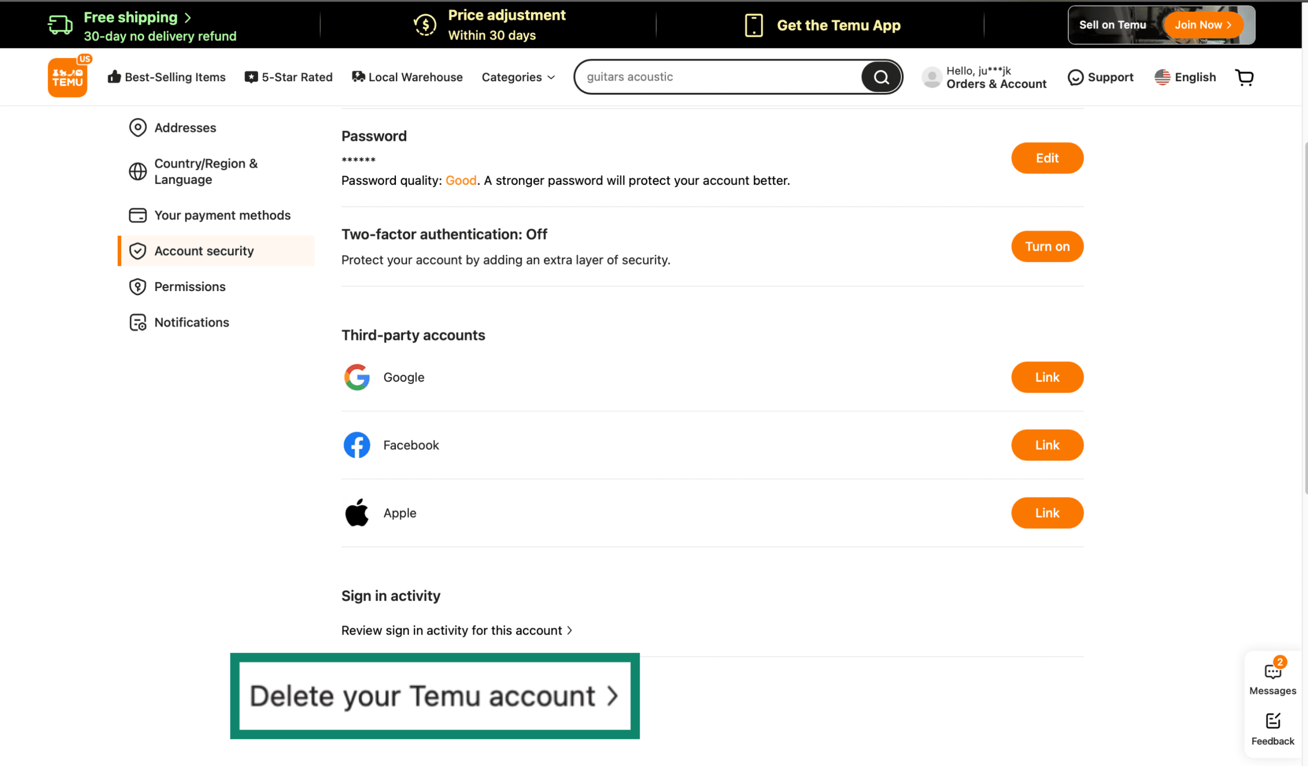 Temu Account security settings with Delete your Temu account highlighted.