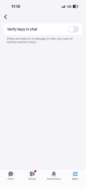 The verify keys page of the end-to-end encrypted chats menu in Messenger.