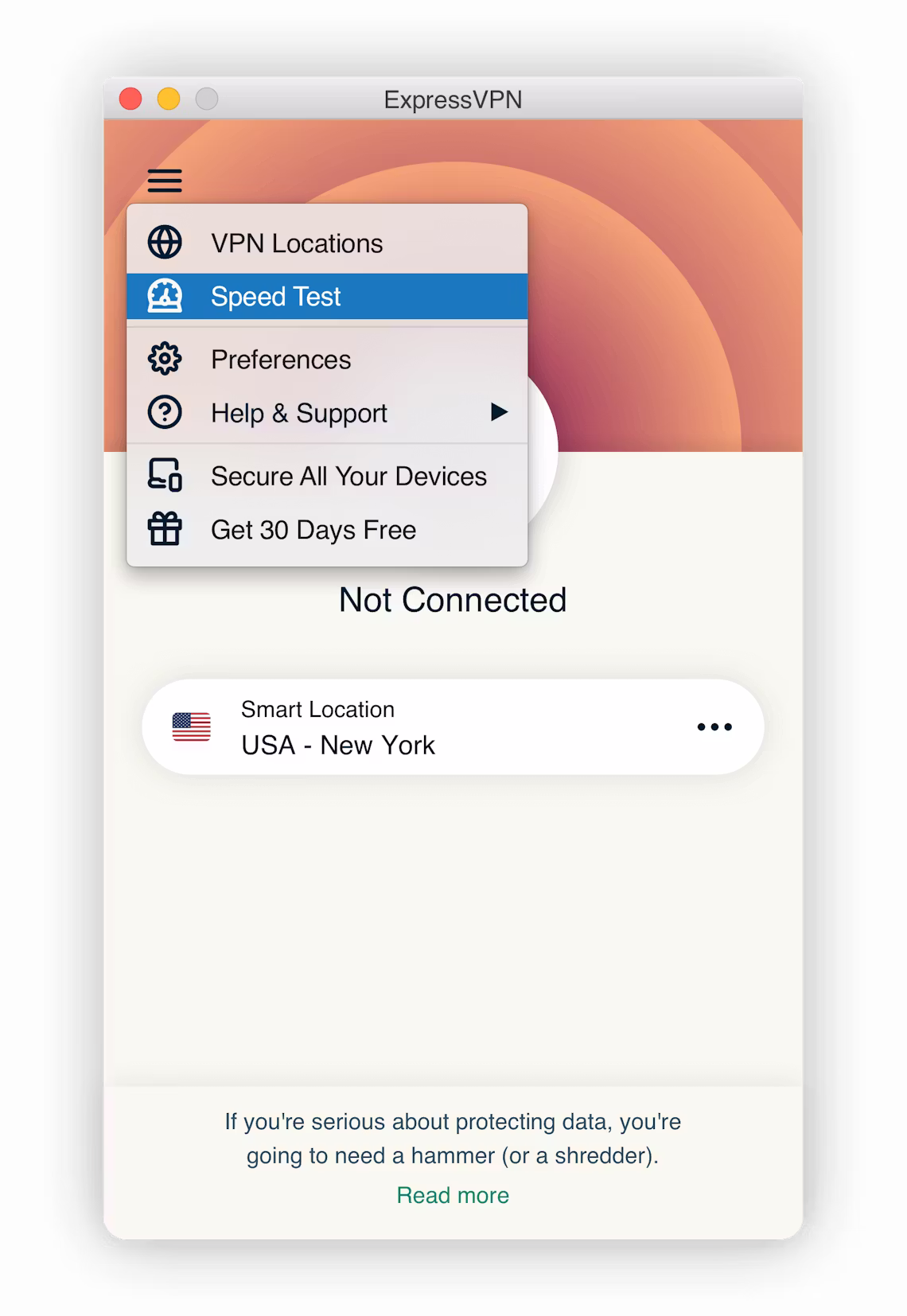 Välja Hastighetstest på ExpressVPN-gränssnittet.