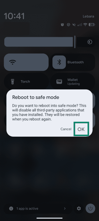 Android confirmation dialog for rebooting into safe mode, with OK selected.