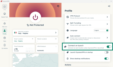 ExpressVPN Profile settings page with Connect on launch enabled.
