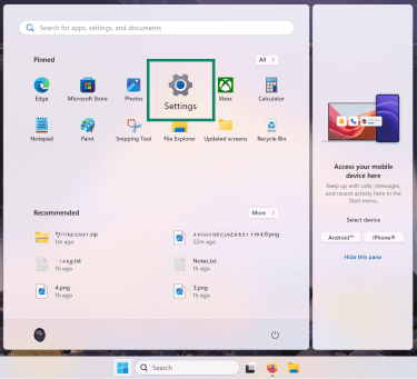 Windows 11 Start menu showing how to access the Settings app.