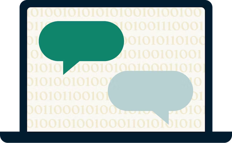 Lignes de code binaire et bulles de dialogue sur l'écran d'un ordinateur portable.