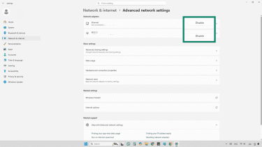 Screenshot of enable/disable option for network adapters in Windows