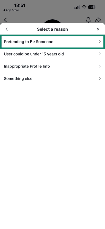 TikTok's menu for reporting a profile, with the Pretending to Be Someone option highlighted.