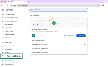 Reset settings in Google Chrome on desktop.
