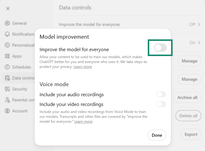The ChatGPT settings page, open to the Model Improvement page.