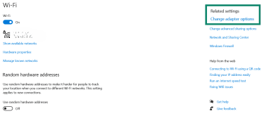 "Change adapter options" setting highlighted in the Network & internet Windows settings.