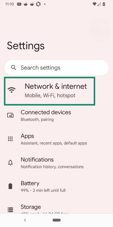 Android Settings screen with Network & internet highlighted.