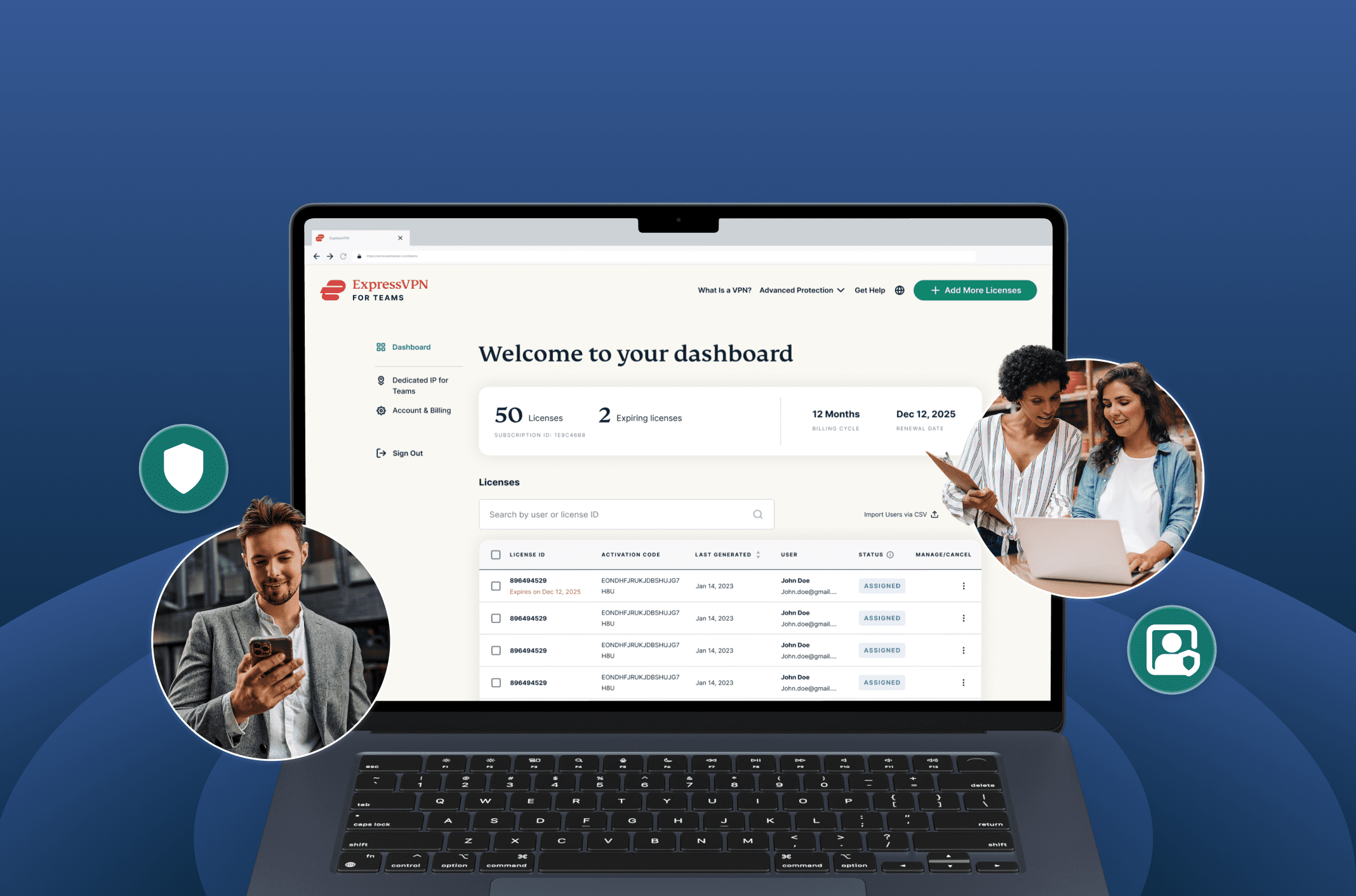 ExpressVPN for Teams composite image featuring admin dashboard and lifestyle visuals