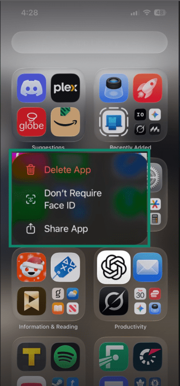 Delete app option in app library on iPhone.