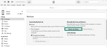 iTunes app on Windows laptop with Back Up Now button highlighted.