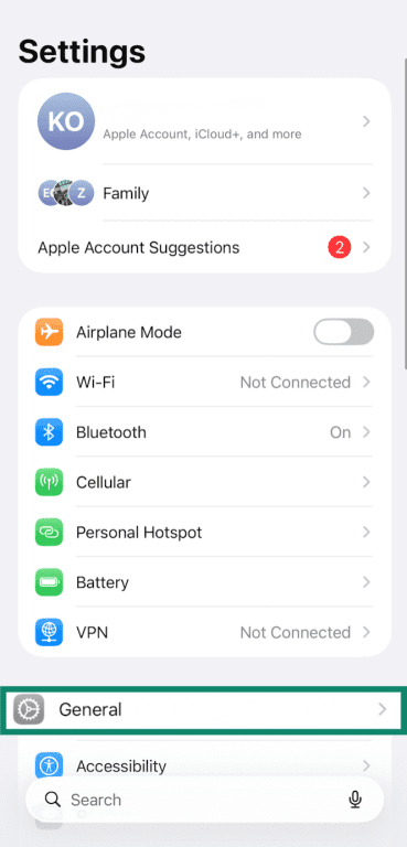 iPhone Settings with General highlighted.