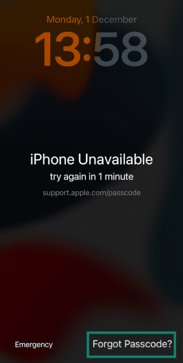 iPhone Unavailable screen with Forgot Passcode? button highlighted.