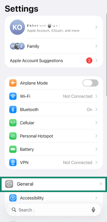 iPhone Settings with General highlighted.