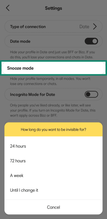 Bumble Settings screen with Snooze mode selected and a menu asking how long to be invisible for: 24 hours, 72 hours, a week, or until changed.