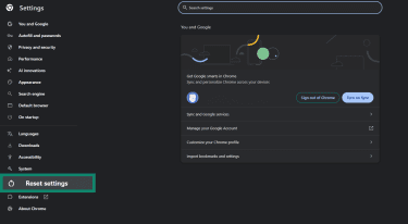 The "Reset settings" tab in Google Chrome.