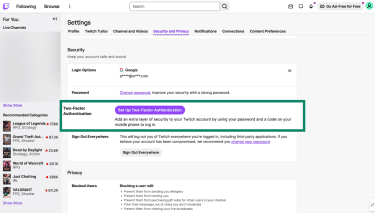Twitch Security and Privacy settings highlighting Set Up Two-Factor Authentication button.