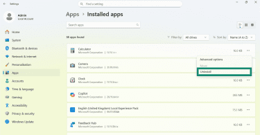Windows Installed app settings with Uninstall button highlighted.
