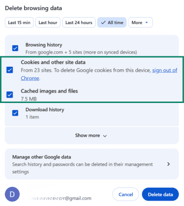 Google Chrome Delete browsing data settings with Cookies and Cached files options highlighted.