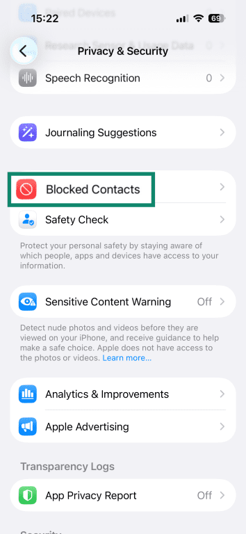 'Blocked Contacts' option highlighted in the iPhone settings.
