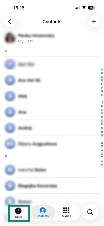 iOS Contacts list with the Calls button in the bottom-left corner highlighted