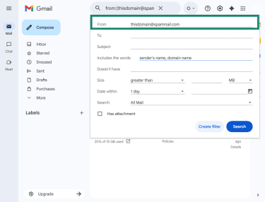 Gmail web app showing email filter options with examples added