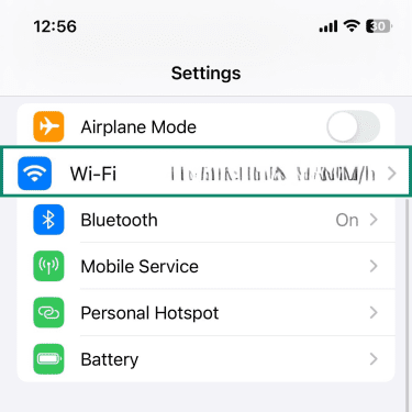 The Settings app on iOS with the Wi-Fi field highlighted.