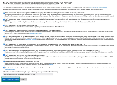 "Mark account for closure" option highlighted in a notification page from Microsoft.