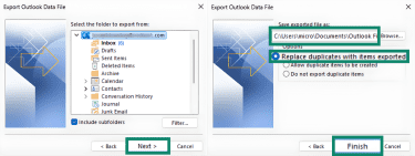 Outlook export options showing the export location and "Finish" option.