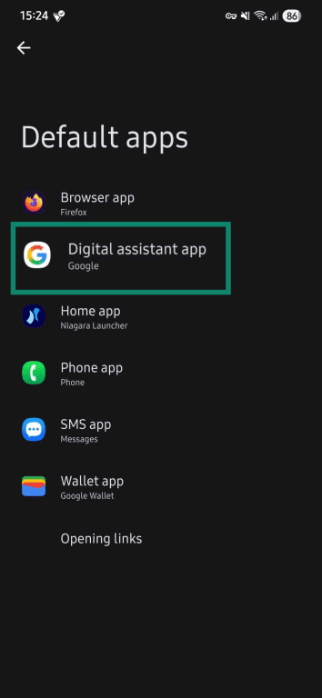 The Samsung Default apps menu, outlining the Digital assistant app.