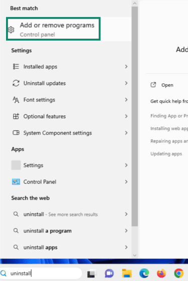 Windows 11 taskbar showing the “Add or remove programs” option highlighted.