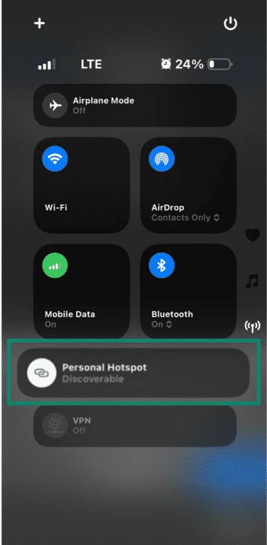 Personal Hotspot tile shown in Control Center of an iPhone.
