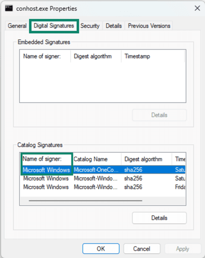 Properties window showing that conhost.exe is digitally signed by Microsoft