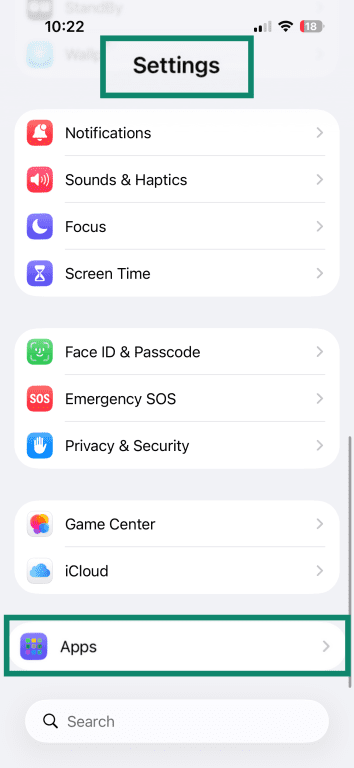 Apps menu in iPhone settings.
