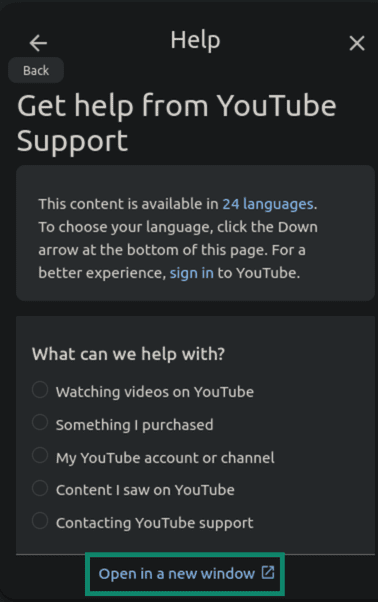 "Open in a new window" button highlighted in the YouTube Help section.