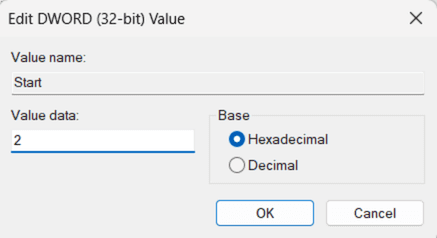 Registry editor window showing a value being set to 2.