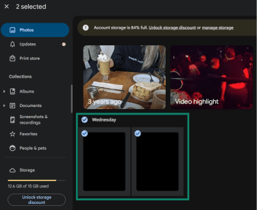 The desktop version of Google Photos, highlighting two selected images.