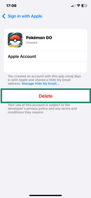 Sign in with Apple Pokémon GO option open with Delete button highlighted
