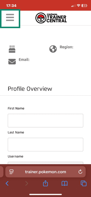 Pokémon Trainer Central three-line options menu highlighted