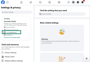 Facebook Settings & Privacy page with Ad preferences highlighted.