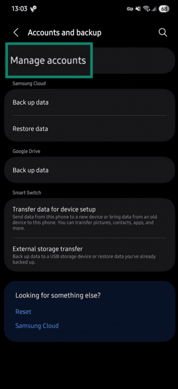 "Manage accounts" option highlighted in the "Accounts and backup" menu on Android.