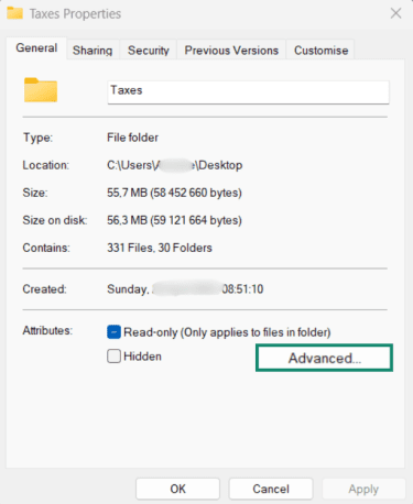 Advanced file settings on Windows.