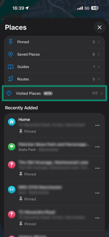 Screenshot of the Apple Maps Places menu with the Visited Places option highlighted