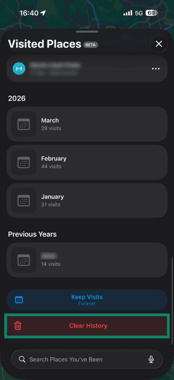 Screenshot of the Apple Maps Visited Places options menu, with the Clear History button highlighted