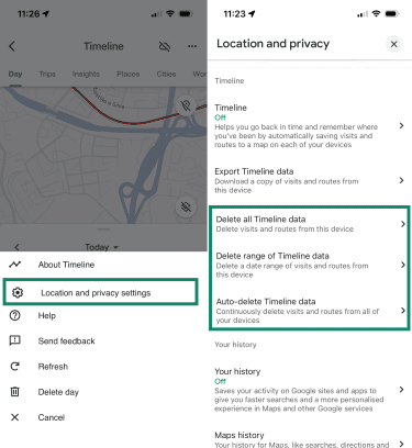 Two screenshots of Google Maps Timeline settings, highlighting the options to delete your Timeline history